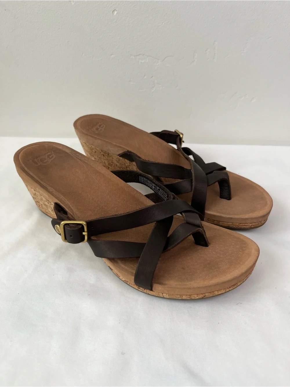 UGG Adalie Cork Wedge Thong Sandals Brown Leather Women’s Size 7.5